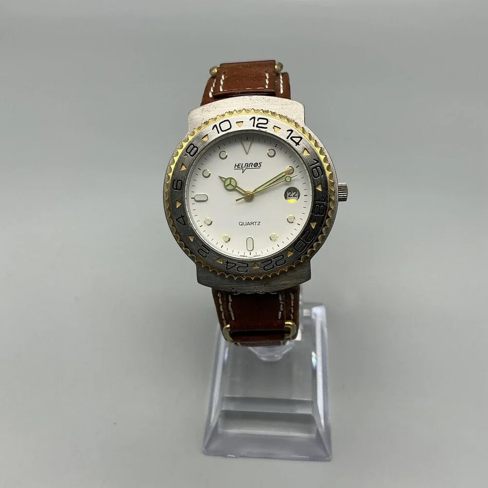 Vintage Helbros Mens Watch 37mm Leather Two Tone Bezel Date New Battery